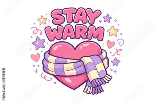 Stay warm: heart surrounded by stars and wrapped in cozy scarf