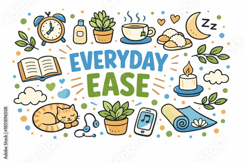 Daily relaxation elements: cup, candle, cat, yoga mat, music, plants, calmness