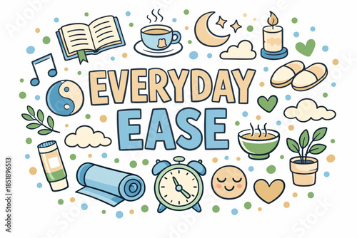 Everyday ease: relaxation icons with yoga, tea, and meditation elements