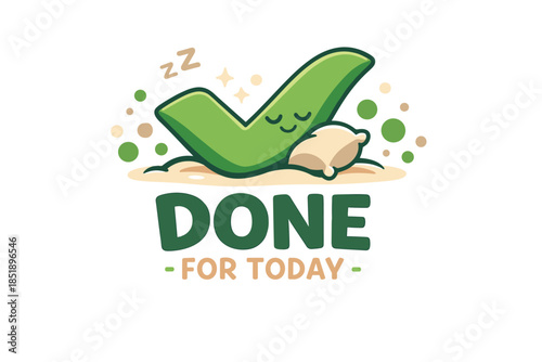 Green checkmark character relaxing with pillow