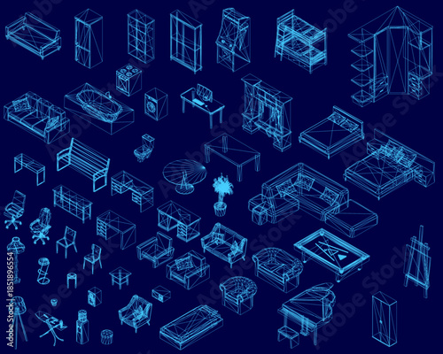 Blueprint wireframe furniture set on a blue background, featuring a sofa, chair, table, and other essential home objects.