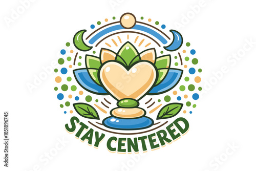 Colorful stay centered design with heart, lotus, leaves, and celestial symbols