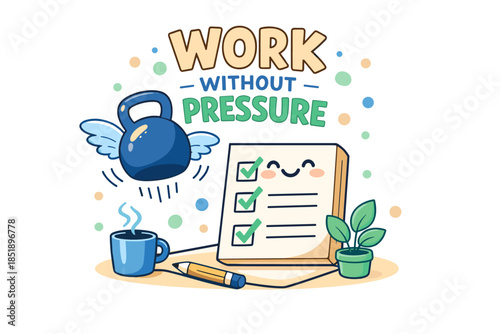 Work without pressure: cartoon checklist and flying kettlebell with coffee cup and plant