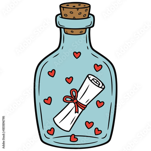 Valentine Love Message Bottle with Hearts Cute Romantic Vector Illustration.