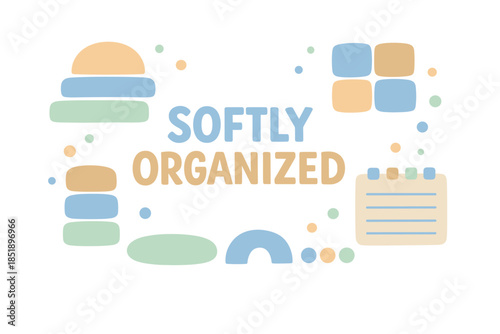 Pastel geometric shapes with softly organized text on white background