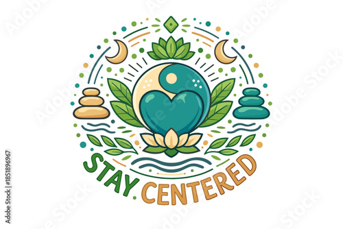 Stay centered: heart and lotus with crescent moons and leaves