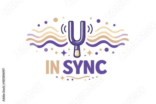 Tuning fork logo design with sound waves and decorative elements