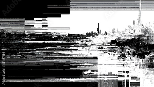 Cityscape skyline with sound wave audio visualization overlay