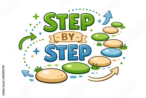 Step by step pathway with colorful stones and arrows