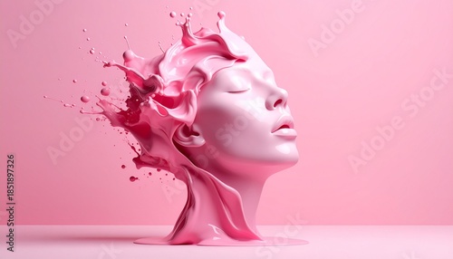 Glossy pink human head with closed eyes exploding into liquid paint against solid pink background.