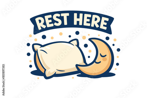 Cute sleeping moon and pillow with 'rest here' text
