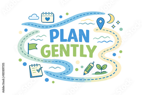 Plan gently concept with calendar, pencil, and roadmap icons in pastel colors