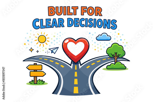 Built for clear decisions: forked road with heart symbol and nature elements