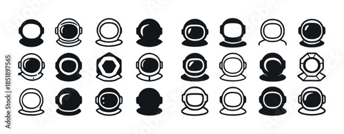 Vector icon set of various helmet designs for astronauts and mot
