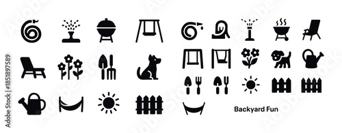 Backyard activities and tools icons set: bbq, gardening, play
