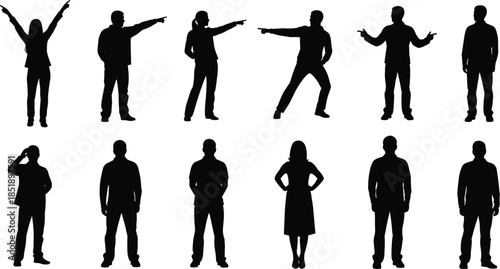 Black silhouette collection of people pointing fingers, standing in casual poses, and celebrating, diverse group of men and women isolated on white background