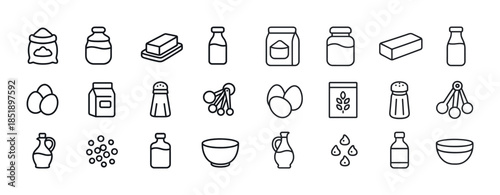 Black and white icons of kitchen ingredients including eggs, flo