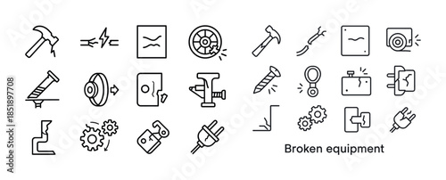 Broken equipment icons: hammer, gear, plug, screw, wheel - line