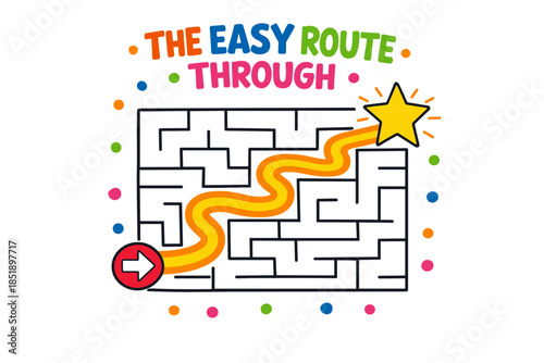 Colorful maze for kids with easy route to star adventure