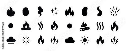 Set of various black fire, cloud, and spark icons on white backg