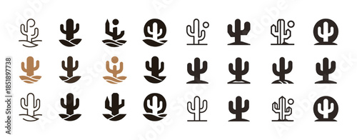 Set of minimalist cactus icons in black and brown with various s