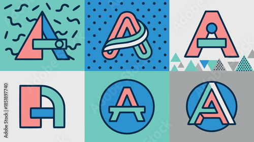 Stylized representations of letters, mountains, a compass, and abstract shapes.