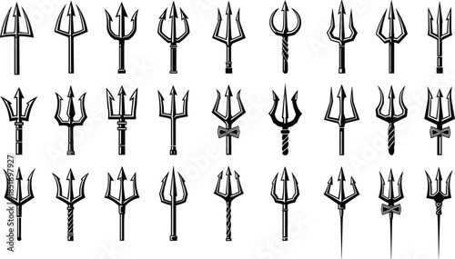 Collection of black and white trident silhouettes featuring mythical sea weapons, royal harpoons, and nautical spear illustrations for ancient mythology and ocean adventure designs