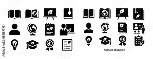 Climate education icons set: books, globes, lightbulbs, graduati