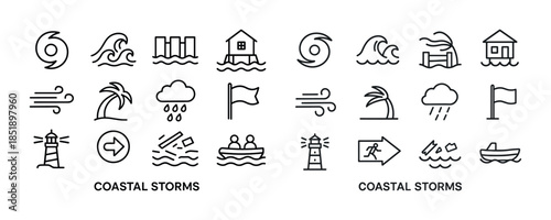 Coastal storms icons set: weather symbols of wind, rain, and wav