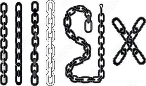 Set of metal chain link illustrations including vertical borders, curved shapes, and crossed patterns isolated on white background for industrial graphic design elements,