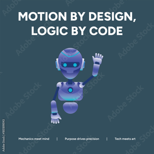 Robotics Motion and Programming Illustration - Logic by Code Concept with Waving Purple Robot Mascot on Dark Blue Background