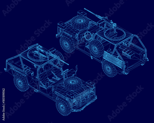 A sleek armored military vehicle blueprint with a detailed wireframe design and mounted gun on a contrasting blue background. Isometric view