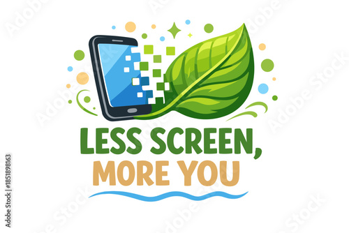 Digital detox concept with leaf and smartphone emphasizing less screen time