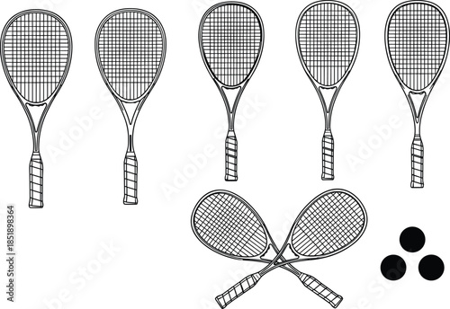 Set of squash racket vector illustrations including crossed racquets, vertical equipment, and rubber balls isolated on white background for sports club graphic design,