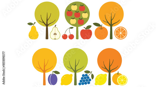 A set of stylized fruit trees arranged in two rows against a white background