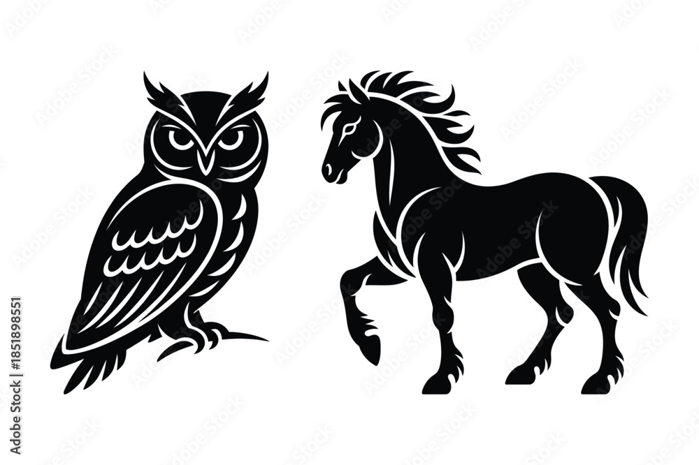 Fototapeta premium Stylized Owl and Horse Animal Silhouette Illustration Set