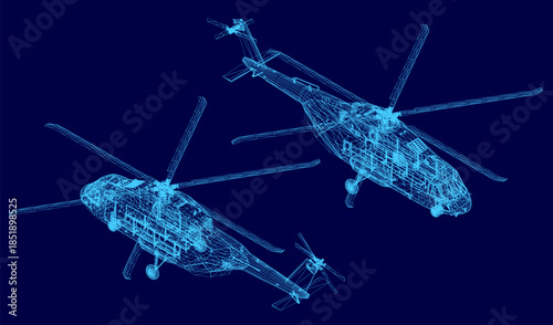 A detailed 3D wireframe model of a military helicopter is displayed on a solid blue background, revealing its complex internal structure and mechanical blueprint. Isometric view