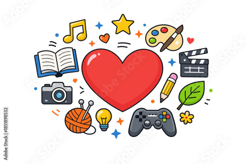 Creative hobbies and interests illustrated with heart and icons