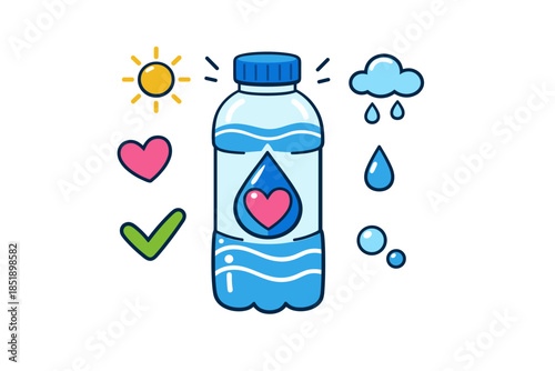 Cartoon water bottle with heart and weather elements