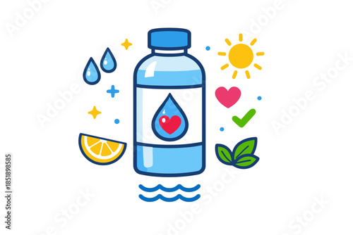 Hydration symbols: water bottle with health icons and sun