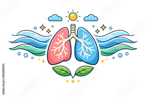 Colorful lungs symbolizing breath and vitality with nature elements