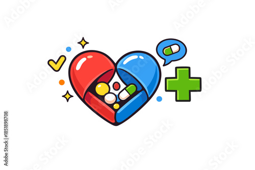 Colorful medical icons: heart, pills, and healthcare symbols