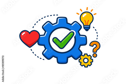 Concept of problem solving and innovation with gear, light bulb, heart, and checkmark icons