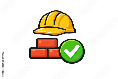 Construction safety icon with hard hat, bricks, and check mark