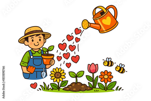 Young caucasian male gardener nurturing plants with love and care