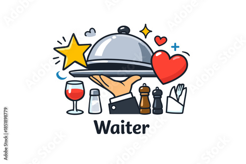 Cartoon waiter hand with cloche, wine glass, and condiments