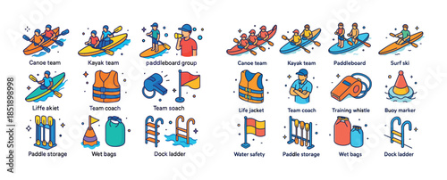 Colorful water sports and safety equipment icons featuring diver
