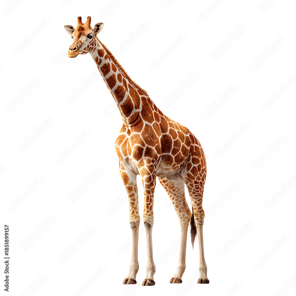Obraz premium Giraffe standing isolated on a white background showing a tall wild mammal with a long neck