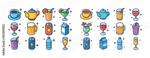 Colorful assortment of various illustrated beverages including t