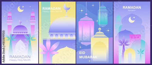 Ramadan Kareem colorful cards, backgrounds, compositions. Islam design elements. Mosque, moon, stars, palms, lanterns. Holy month greetings. 